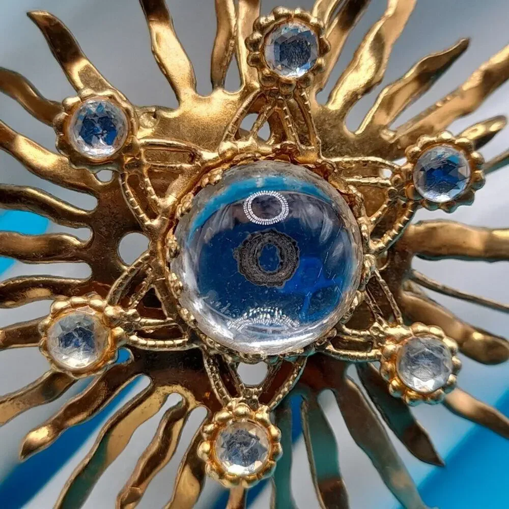 Vintage Celestial Golden Brass Brooch, Clear Cabochons, Early Mid-Century